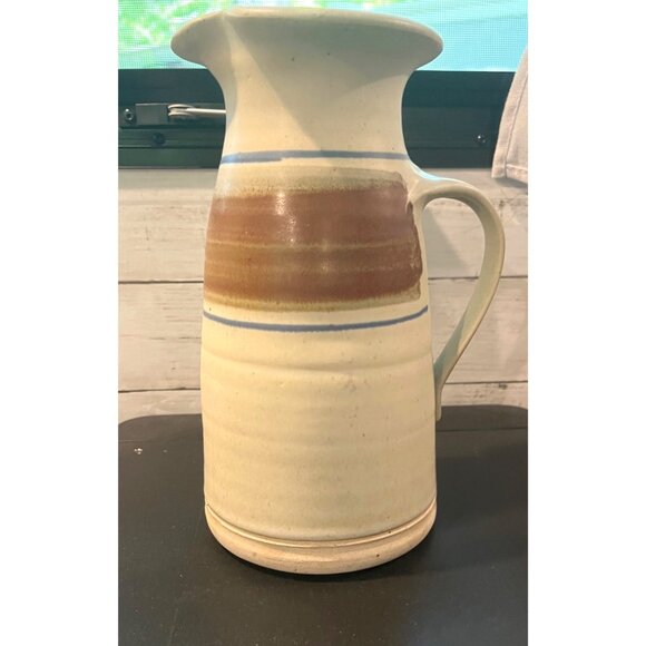 Vintage Farm House Handcrafted Stoneware Pitcher With Earthy Brown & Blue Stripe - Picture 2 of 9